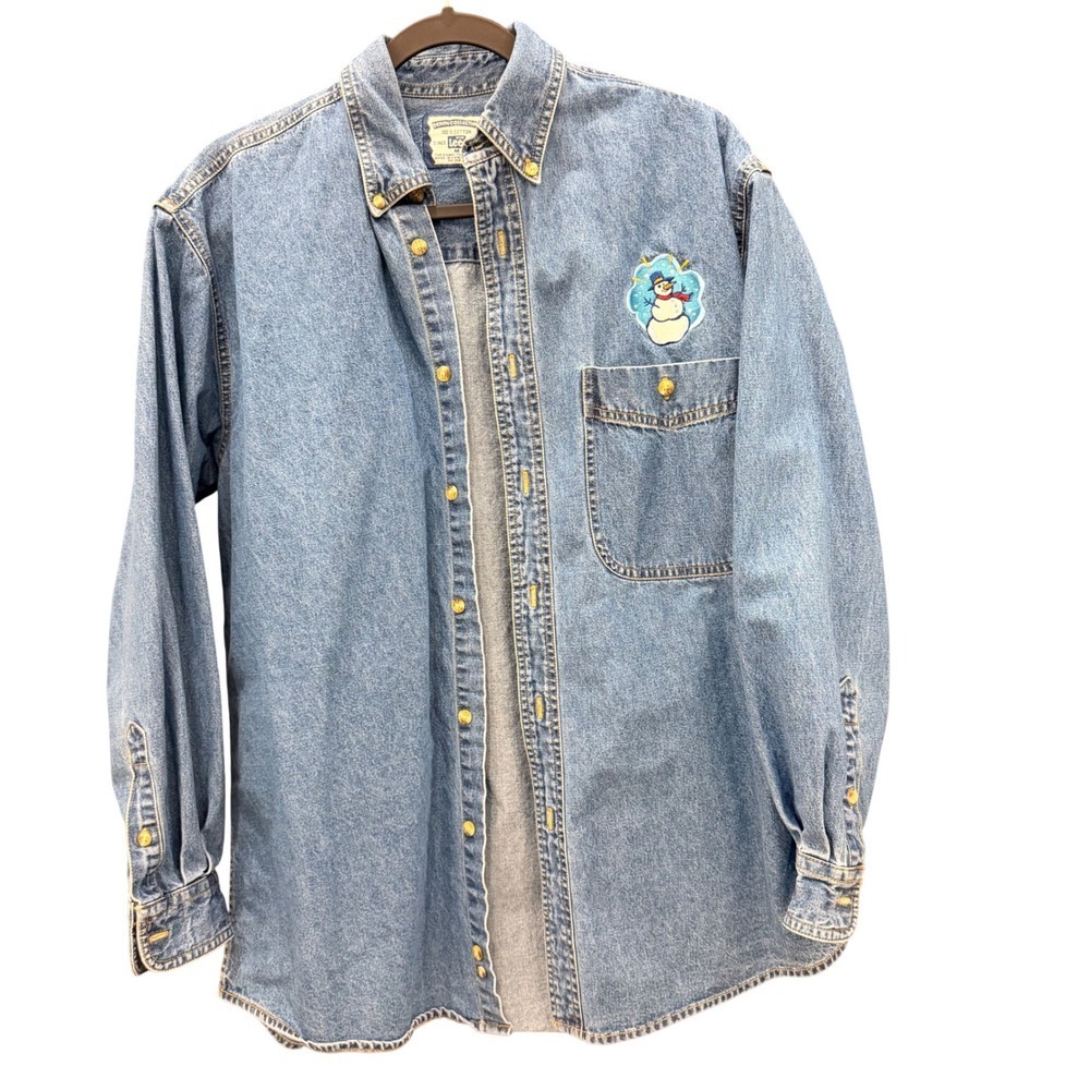 Lee Denim Collection Mens Long Sleeve Button Up Shirt Snowman Patch Blue Size M‎